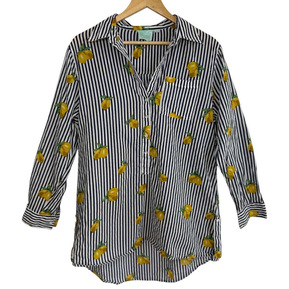 True Destinations Lemon‎ Print Striped Cotton Button Shirt M Navy Coastal Amalfi